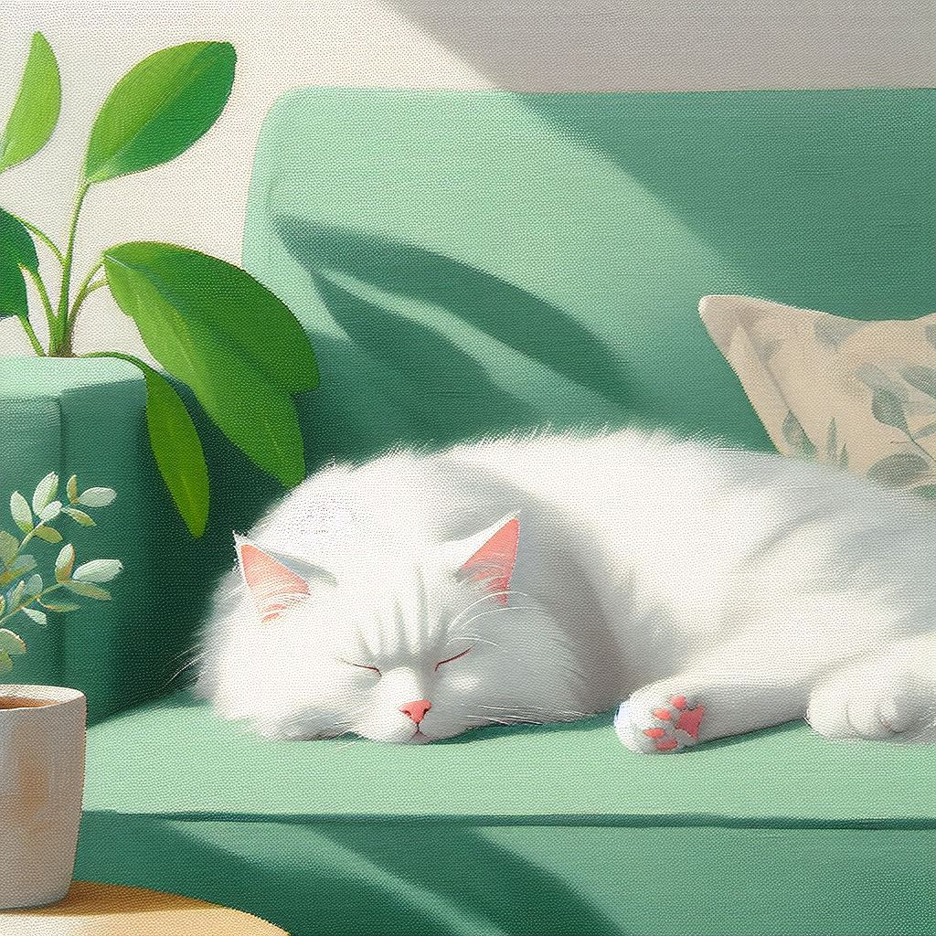 A minimalist oil painting of a white cat sleeping on a green sofa with some plant, pastel color palette, Close shot